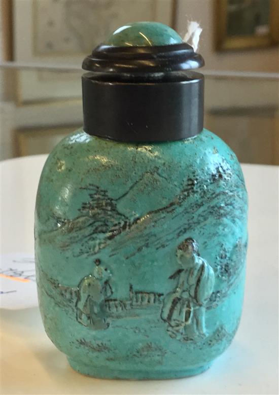 Chinese robins egg glazed moulded porcelain snuff bottle, 1850-1900, 5.6cm (re-touching to glaze)